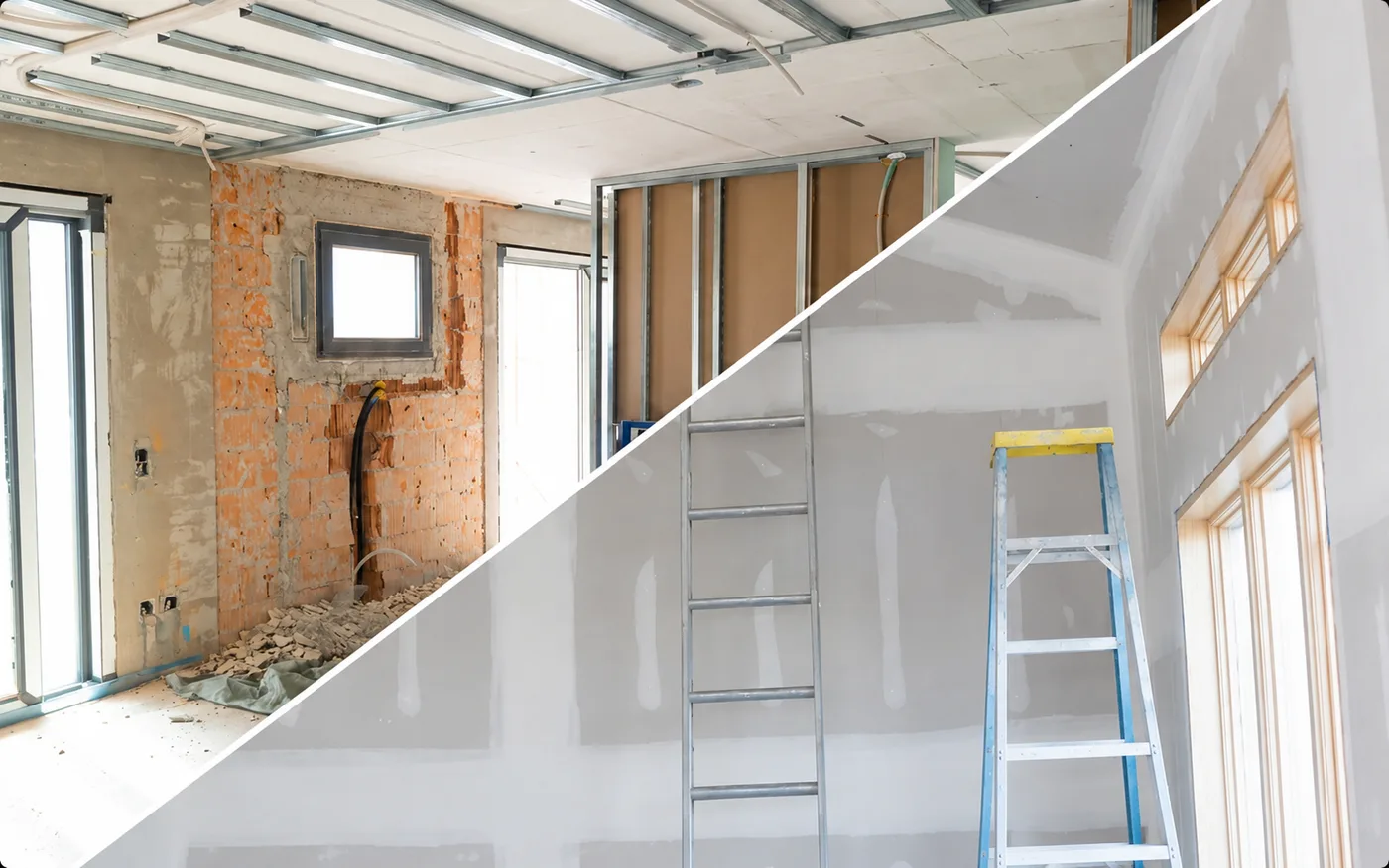 Ambiente em transformação com estrutura metálica, placas de drywall e escadas